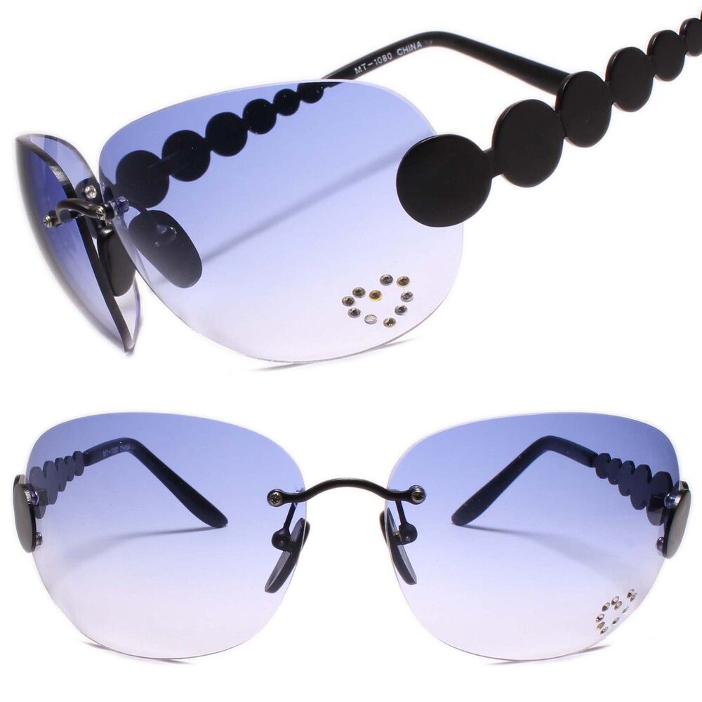Classic Vintage Retro Style 80s Party Black & Blue Oval Rimless Sunglasses